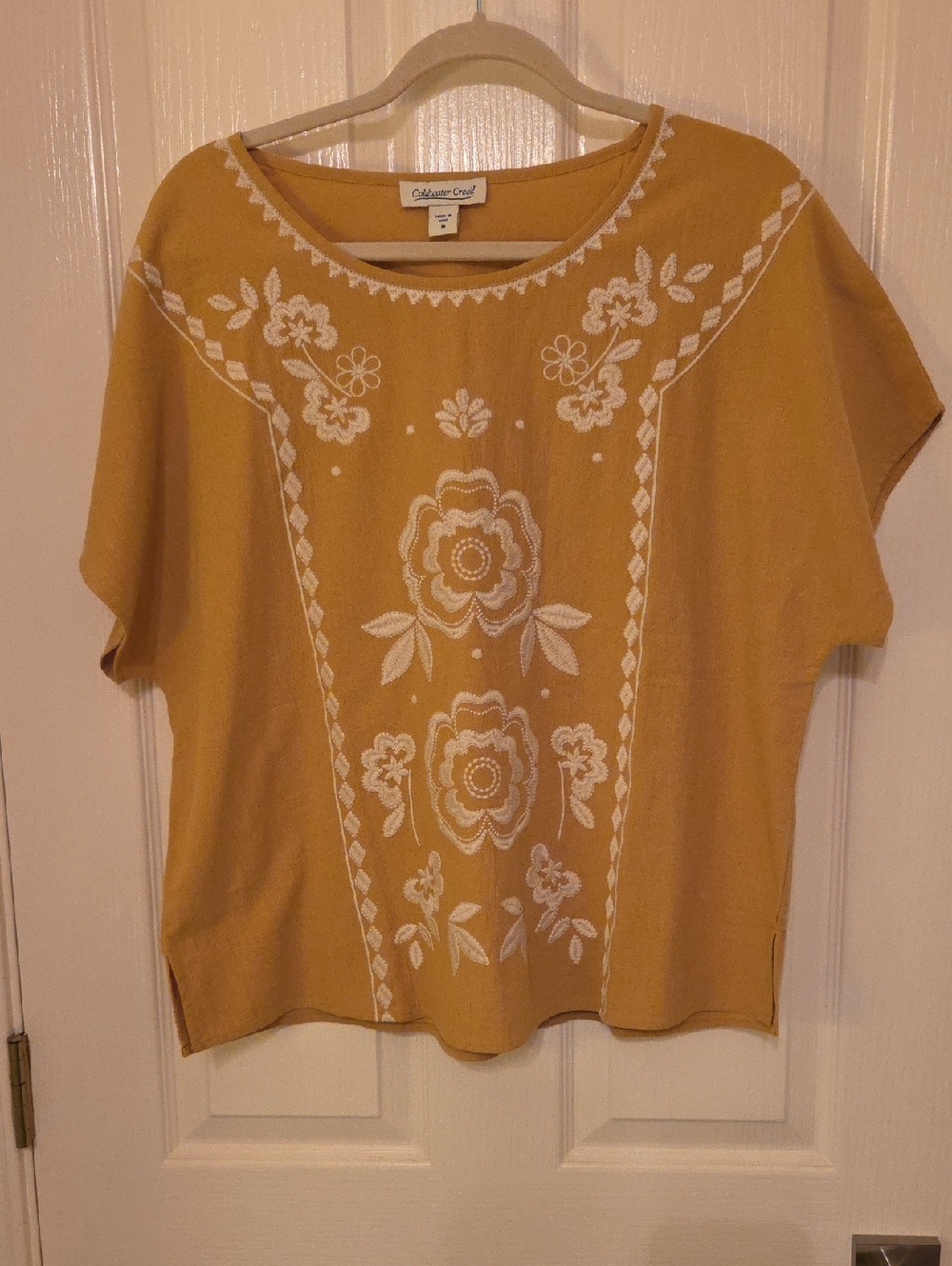 Coldwater Creek Mustard Embroidered Short-Sleeve Knit Top Size M
